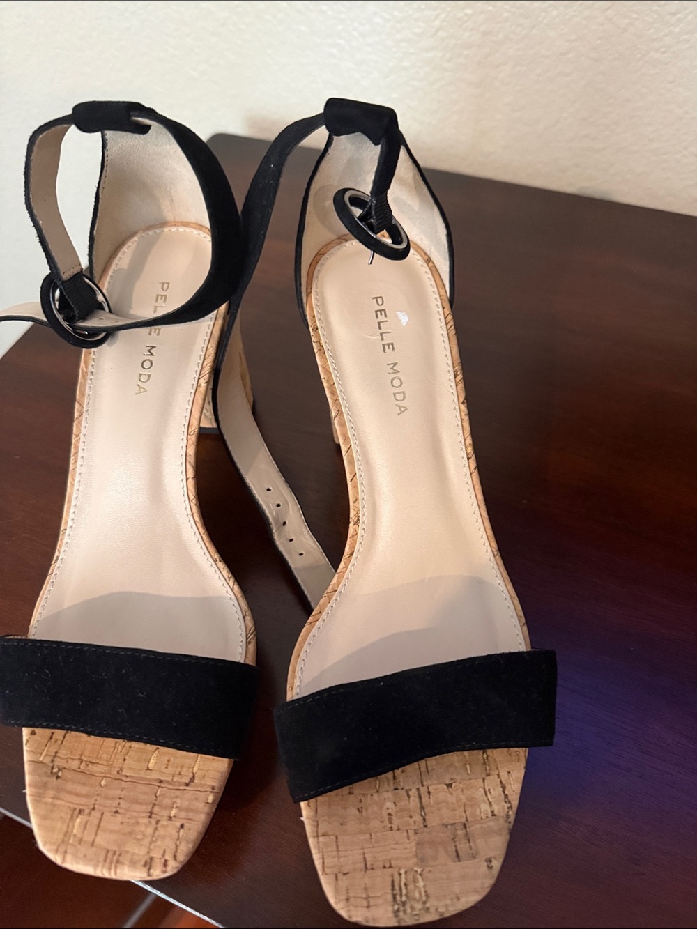Pelle Moda Black Suede Cork Block Heel Sandals